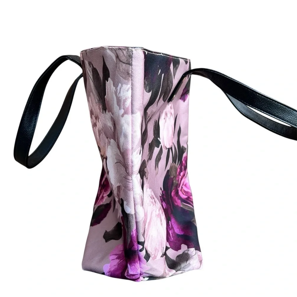 Lulu Dharma Floral Fabric Large Tote Bag with Black Leather Handles